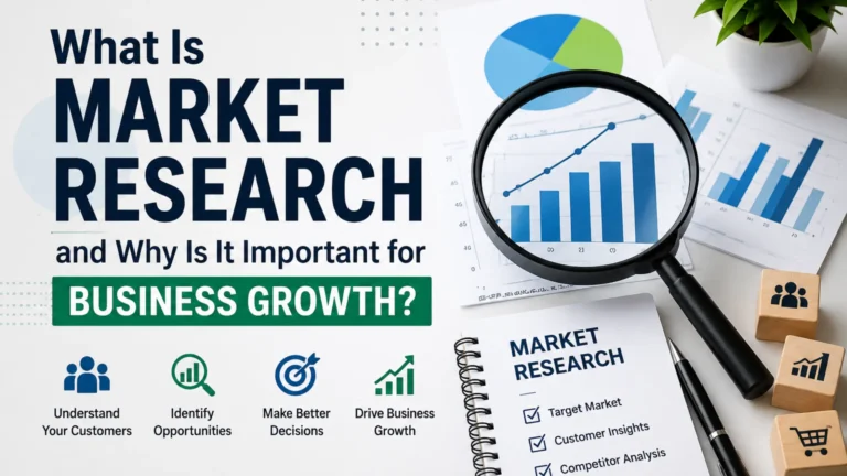 What is market research and why is it important for business growth, featuring business analytics, customer insights, competitor analysis, and market trends.