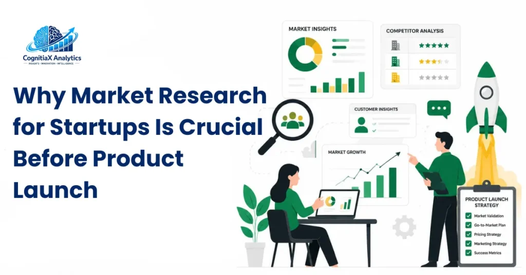 Market research for startups featuring customer insights, competitor analysis, business intelligence dashboards, growth charts, and product launch strategy before market entry